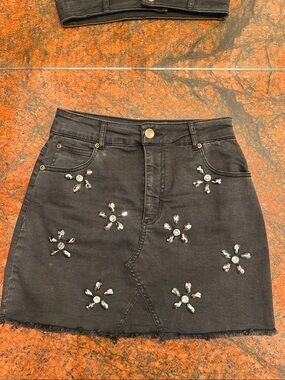 GB girls Black Mini Skirt with Gem Flower Embellishments